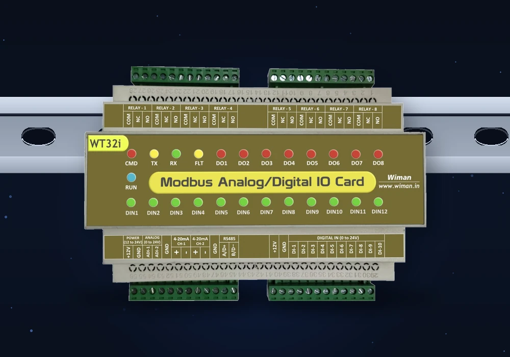 Wiman Modbus IO card mounted on a DIN rail