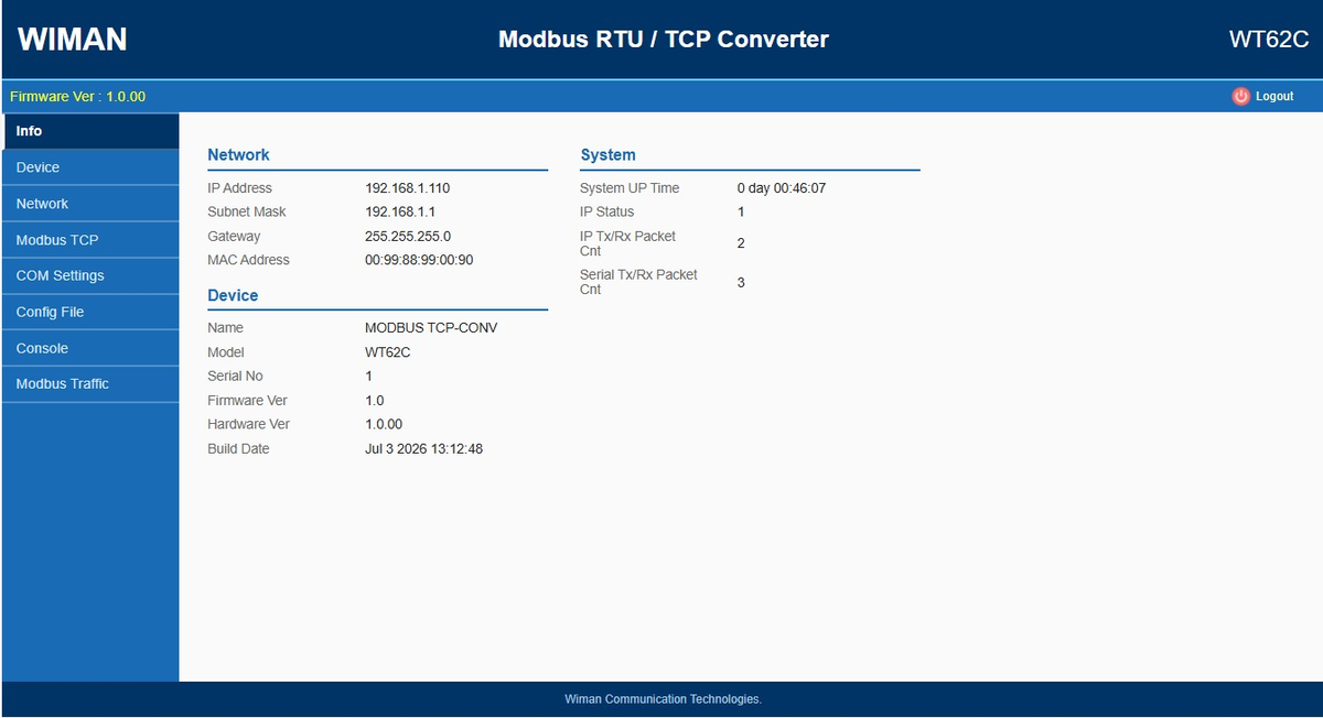 WE62C web interface — device info with network details and packet counters