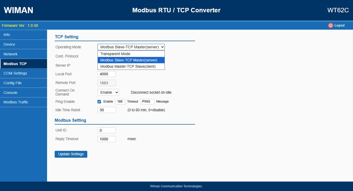 WE62C web interface — Modbus TCP settings with the three operating modes
